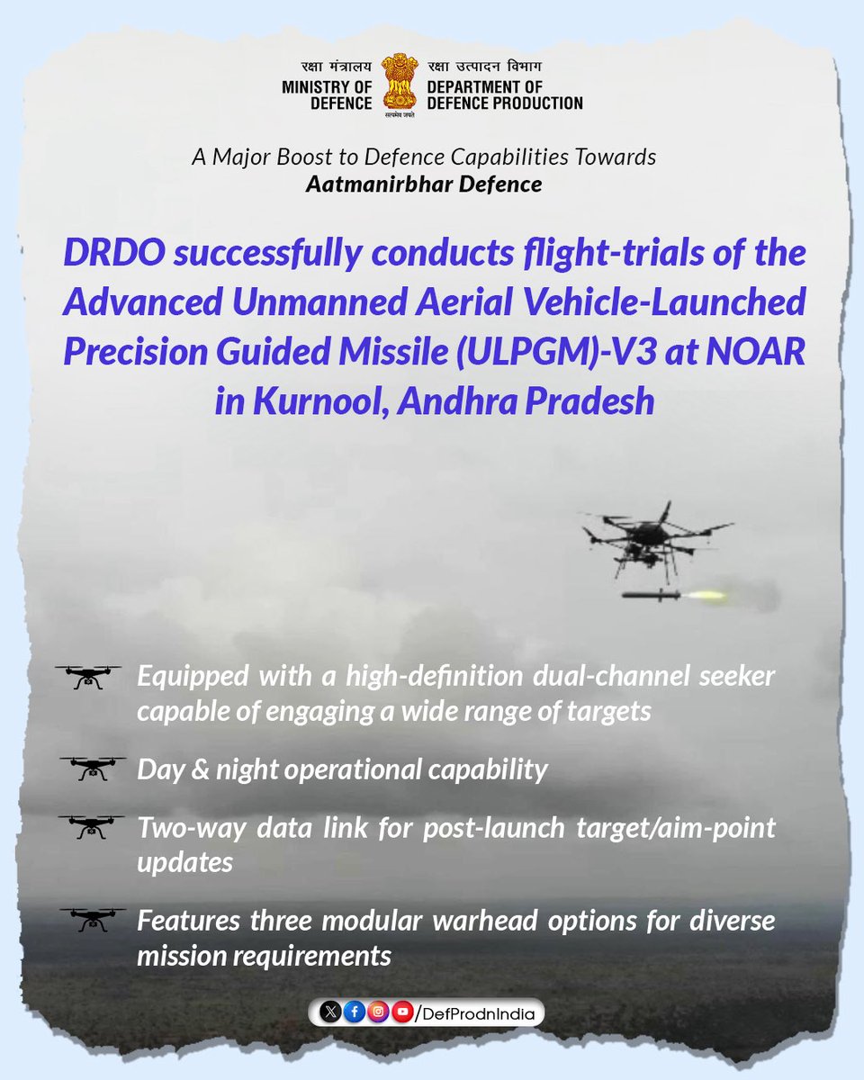 In a major boost to India’s defence capabilities,
#DRDO has successfully carried out flight trials of the Unmanned Aerial Vehicle-Launched Precision Guided Missile (#ULPGM)-V3 at the National Open Area Range (NOAR) in Kurnool, #AndhraPradesh.

🔹 The missile is an enhanced