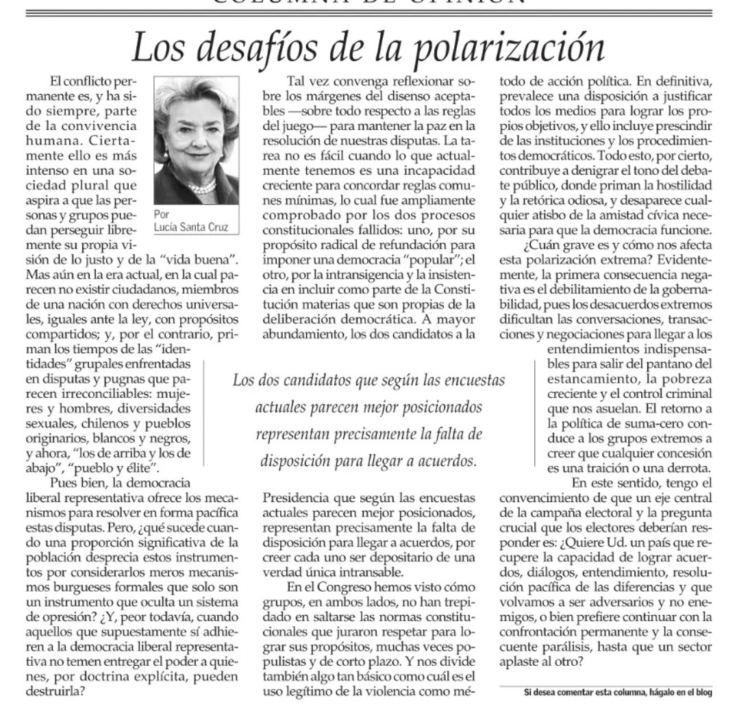 HernanLarrain's tweet image. "¿Quiere Ud. un país que recupere la capacidad de lograr acuerdos, diálogos, entendimiento (...) y que volvamos a ser adversarios y no enemigos, o bien prefiere continuar con la confrontación permanente y la consecuente parálisis, hasta que un sector aplaste al otro?"
