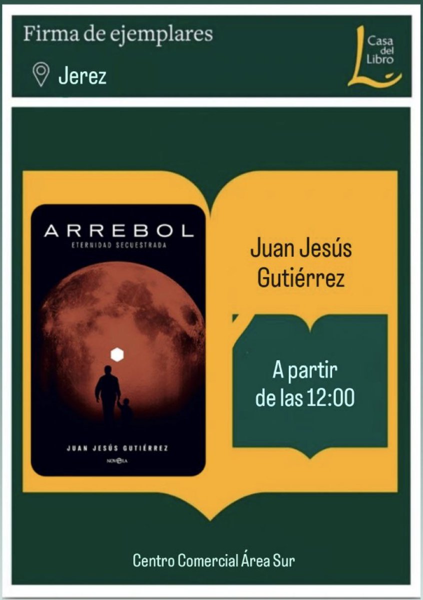Juan Gutiérrez (@guangle84) on Twitter photo Amigos de Jerez:
mañana estaré en La Casa del Libro encantado de firmaros un Arrebol y contaros porque necesitáis leer la novela estas vacaciones.
<a href="/casadellibro/">Casa del Libro</a> <a href="/esferalibros/">La Esfera de los Libros</a> #arrebol Amigos de Jerez:
mañana estaré en La Casa del Libro encantado de firmaros un Arrebol y contaros porque necesitáis leer la novela estas vacaciones.
<a href="/casadellibro/">Casa del Libro</a> <a href="/esferalibros/">La Esfera de los Libros</a> #arrebol