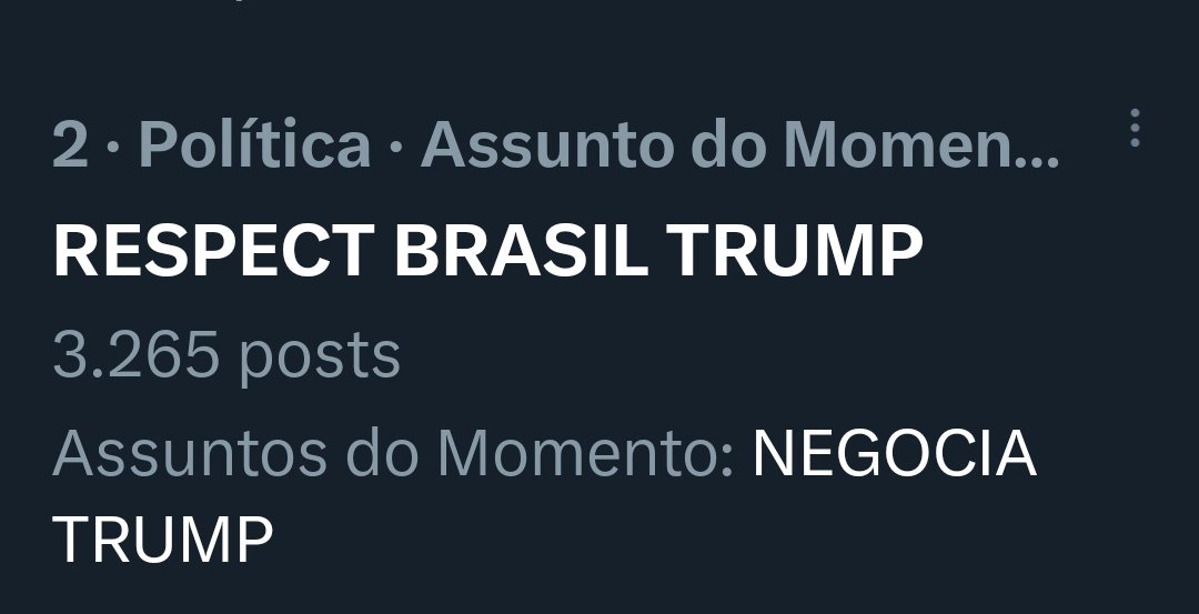 Bora meu povo, a gente pode tudo quando nos unimos. Vamos lutar com as armas que temos, vamos pressionar, está dando. Vocês são demais

RESPECT BRASIL TRUMP
NEGOCIA TRUMP