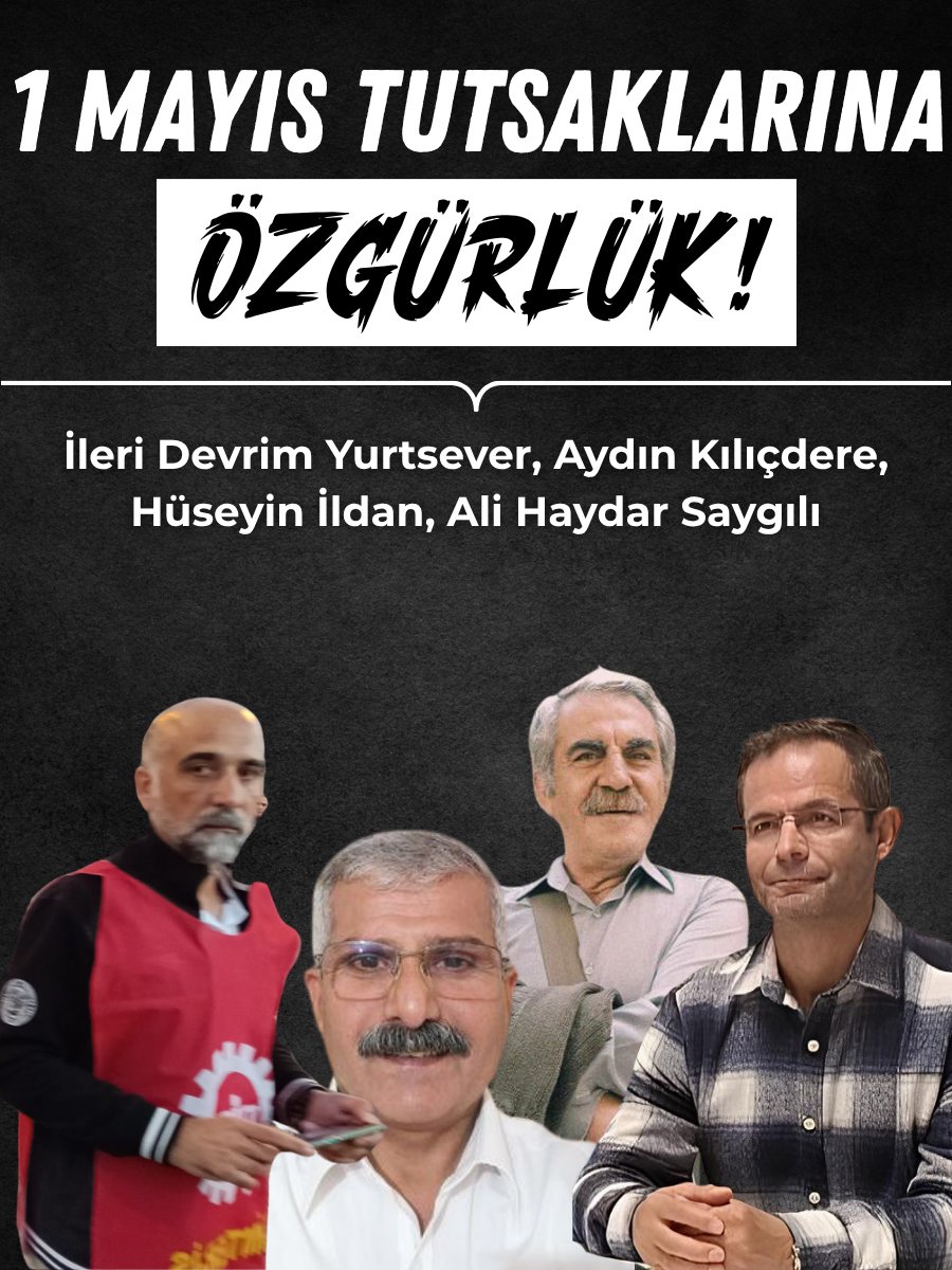 1 MAYIS TUTSAKLARINA ÖZGÜRLÜK!

MYK Üyemiz Ali Haydar Saygılı, PM üyelerimiz Aydın Kılıçdere, Hüseyin İldan ve Limter-İş Örgütlenme Uzmanı İleri Devrim Yurtsever 2 Mayıs'tan bu yana tutsak.

Tutuklamalar devrimci sosyalistlerin Taksim iradesini durduramadı. Taksim işçilerin,