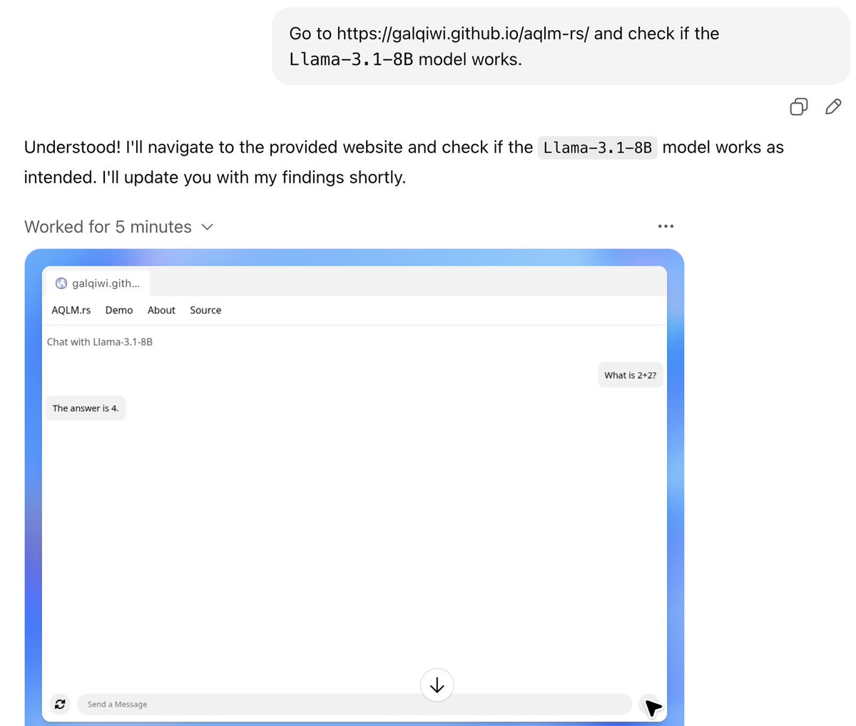 ChatGPT agent mode apparently has enough RAM to load and run a full-fledged 8B LLM in browser. Kudos to <a href="/galqiwi/">Vladimir Malinovskii</a> for implementing AQLM 2-bit quantization in WebAssembly at galqiwi.github.io/aqlm-rs