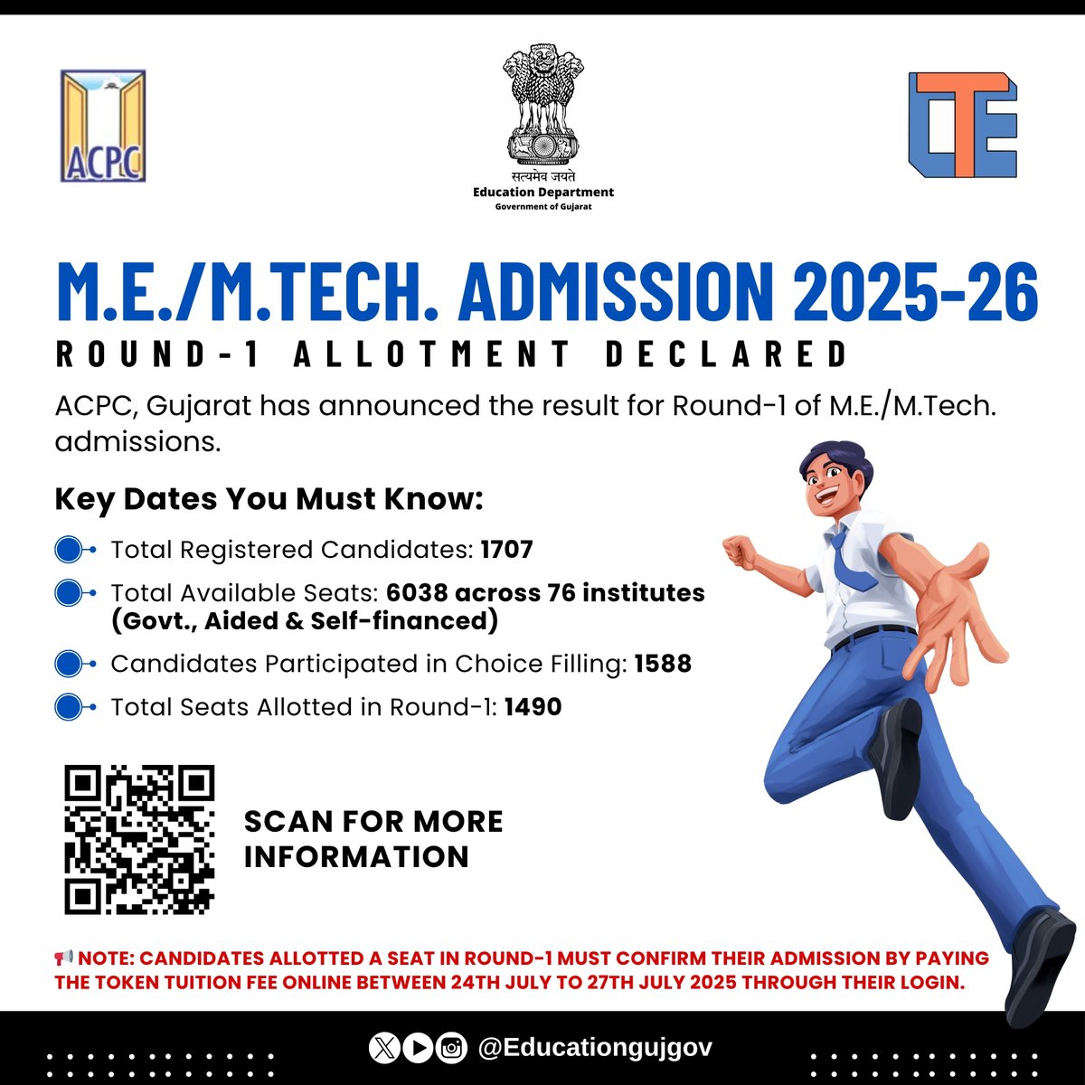 🎓 M.E./M.Tech. Admission 2025-26: Round-1 Allotment Declared!

Candidates allotted a seat in Round-1 must confirm their admission by paying the token tuition fee online between 24th July to 27th July 2025 through their login.

🔗 Stay updated via: gujacpc.admissions.nic.in