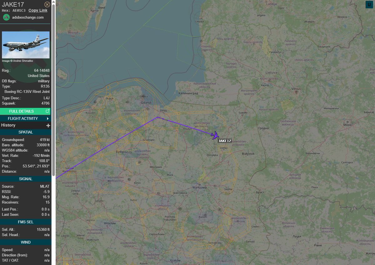 PolishMilRadar's tweet image. 📅25.07⌚️13:21LT
W ramach prowadzonej misji zwiadowczej/rozpoznawczej aktualnie nad Polską przebywa ✈️ #JAKE17 Boeing RC-135V Rivet Joint "64-14848" Sił Powietrznych USA 🇺🇸 operujący z bazy RAF Mildenhall #EGUN 🇬🇧
🔗globe.adsbexchange.com/?icao=ae01c3
#POLMILRADAR