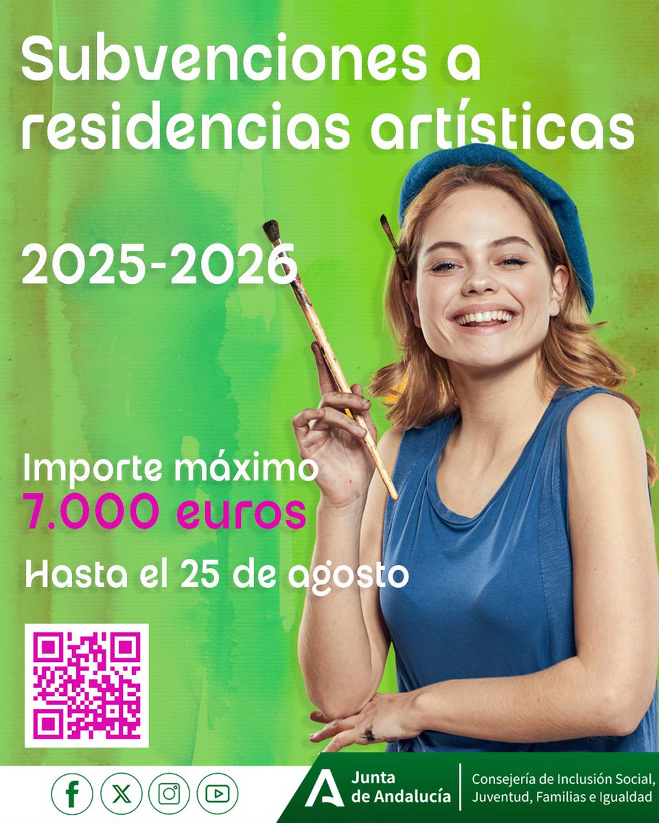 IgualdadAND's tweet image. 📢 @AndaluciaJunta convoca las subvenciones a residencias artísticas 2025-2026

Los artistas seleccionados recibirán una ayuda económica para gastos de producción y residencia por importe máximo de 7.000 € 🎨🥳

Más información 👉 lajunta.es/5so09