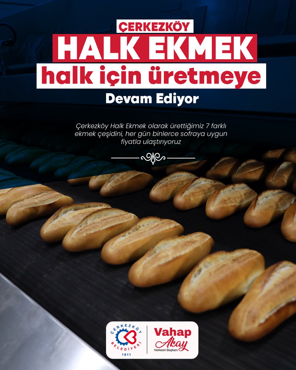 Çerkezköy Belediyesi olarak, sosyal belediyecilik anlayışıyla hizmete sunduğumuz Halk Ekmek Fabrikamızda ürettiğimiz 7 farklı ekmek çeşidini, her gün binlerce sofraya sağlıklı, kaliteli ve uygun fiyatla ulaştırıyoruz. 🍞🥖

Her lokmada dayanışma, her sofrada eşitlik olsun diye