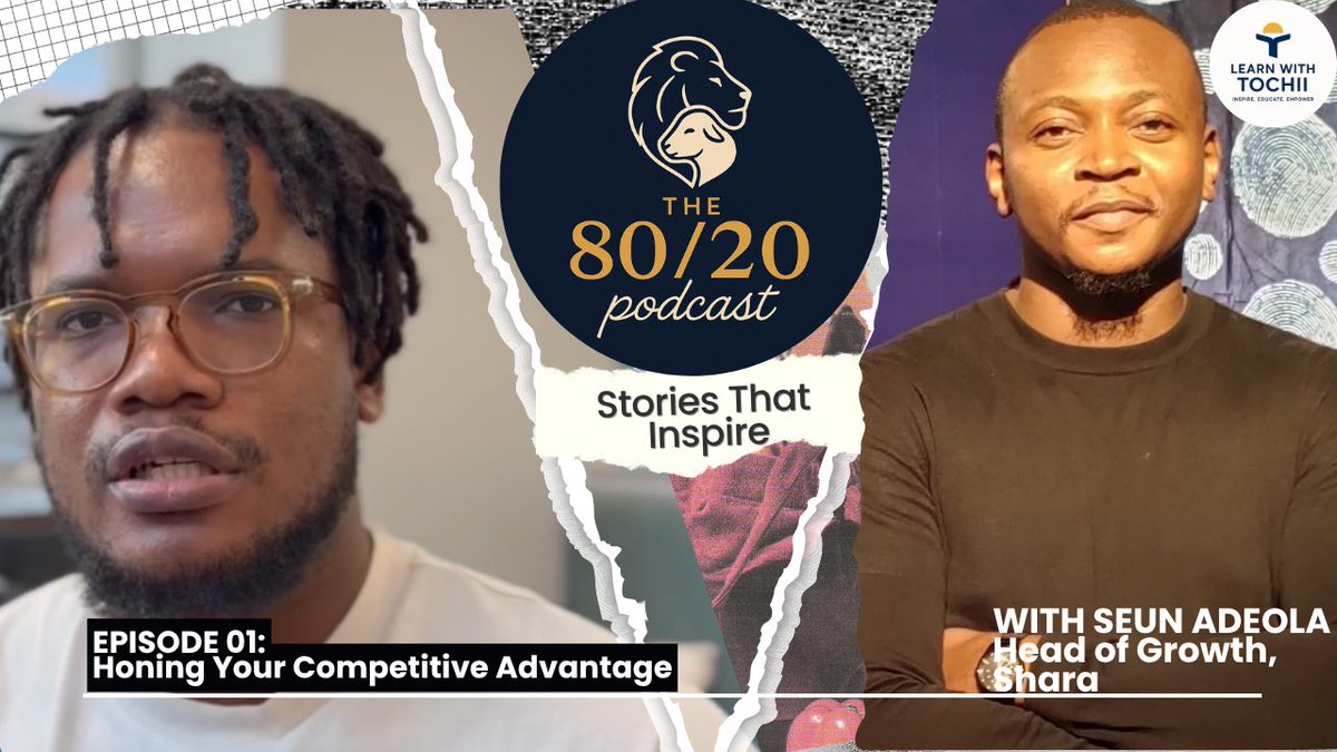 TochukwuAchebe's tweet image. 🎙️ PREMIERING at 18:00 BST/WAT
EP.01 of The 80/20 Podcast — Honing Your Competitive Advantage
with @SheunAdeola 👊🏽

We talk growth, privilege &amp;amp; purpose.
📍Watch on YouTube: @tochiistudio
🔔 Turn on notifications
#8020Podcast #LearnWithTochii