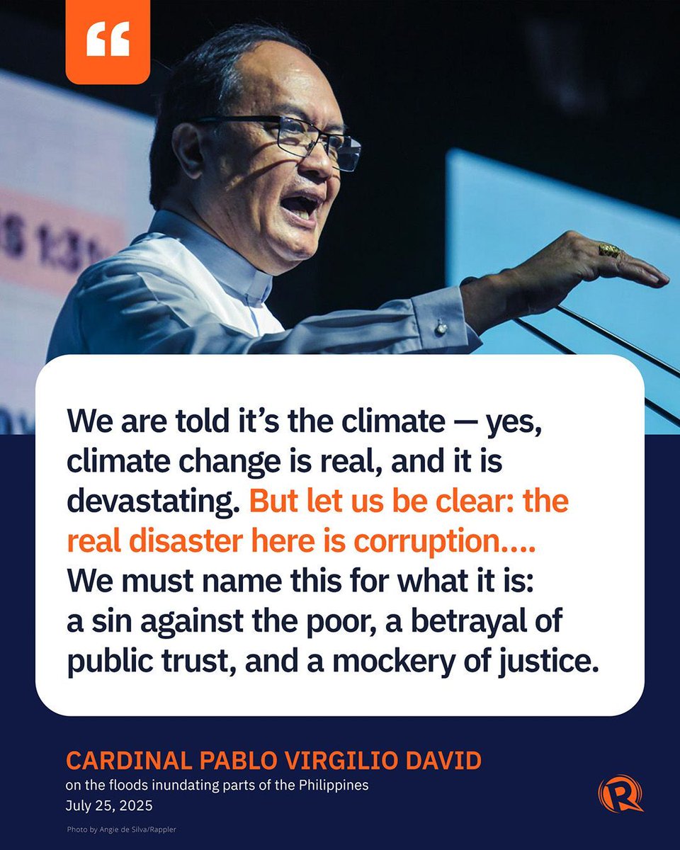 Cardinal Pablo Virgilio David says corruption, aside from climate change, led to the flooding that recently devastated parts of the Philippines.

Do you agree that this is a moral problem as well?

Share your thoughts in the Faith chat room of the Rappler Communities app.
