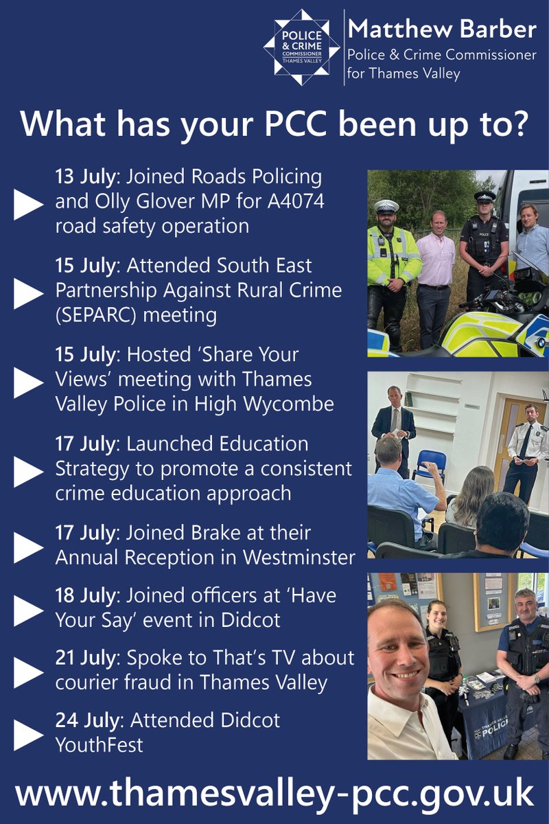 Thames Valley OPCC (@tv_pcc) on Twitter photo 🗺️ What has your PCC been up to?
Over the past two weeks, <a href="/matthew_barber/">Matthew Barber</a> has attended a number of regional / national meetings and met with residents to discuss local issues & how his office can support communities.
Stay updated on the PCC's activity 👉 thamesvalley-pcc.gov.uk/engagement/ 🗺️ What has your PCC been up to?
Over the past two weeks, <a href="/matthew_barber/">Matthew Barber</a> has attended a number of regional / national meetings and met with residents to discuss local issues & how his office can support communities.
Stay updated on the PCC's activity 👉 thamesvalley-pcc.gov.uk/engagement/