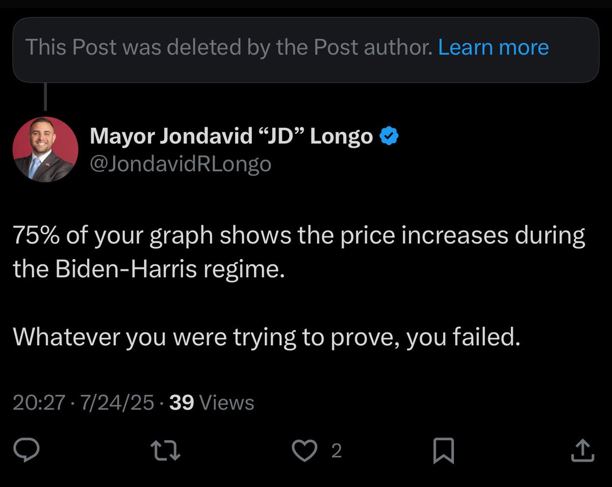JondavidRLongo's tweet image. Democrats deleted this ridiculous post after getting absolutely lambasted for showing just how disastrous the Biden-Harris regime’s policies were for American families.
