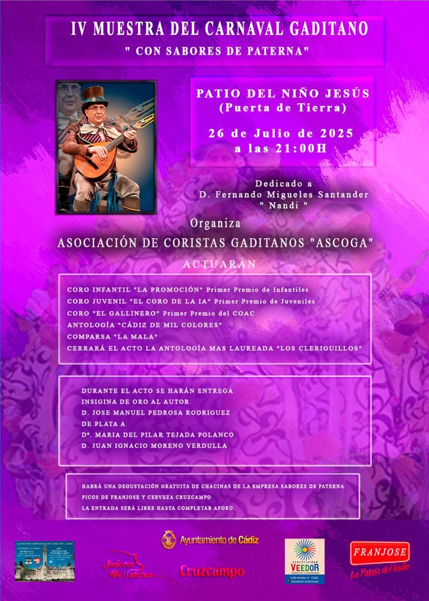 𝘾𝙖𝙧𝙣𝙖𝙫𝙖𝙡𝙖𝙙𝙞𝙘𝙩𝙤𝙨 (@carnavaladictos) on Twitter photo IV Muestra de Carnaval Gaditano
(Con sabores de Paterna)
Sábado 26 Julio
<a href="/elcorodelavina/">El Coro de la Viña</a>
<a href="/EstudiantesCoro/">Coro Los Estudiantes</a>
<a href="/venenodelrincon/">LA MALA</a> IV Muestra de Carnaval Gaditano
(Con sabores de Paterna)
Sábado 26 Julio
<a href="/elcorodelavina/">El Coro de la Viña</a>
<a href="/EstudiantesCoro/">Coro Los Estudiantes</a>
<a href="/venenodelrincon/">LA MALA</a>
