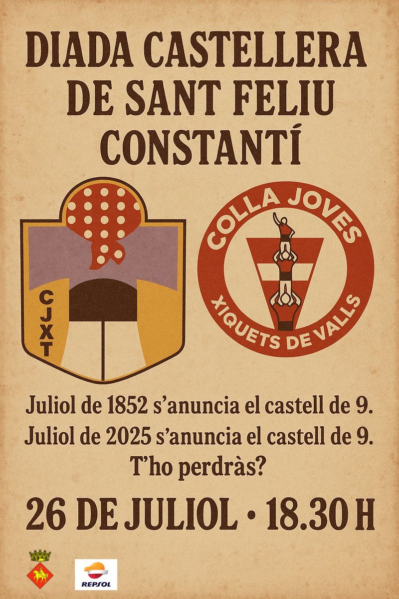 🥳 Comenca el cap de setmana previ a la Festa Major d'estiu! Demà dissabte 26 de juliol:

⏱ A les 18.30 h · Al carrer Major. Diada castellera amb la <a href="/JoveDeTarragona/">Colla Jove de Tarragona</a> i la <a href="/JovesValls/">Colla Joves Xiquets de Valls</a>. #Constantí 

#FestaMajorEstiu2025 #SantFeliu #FemConstantí