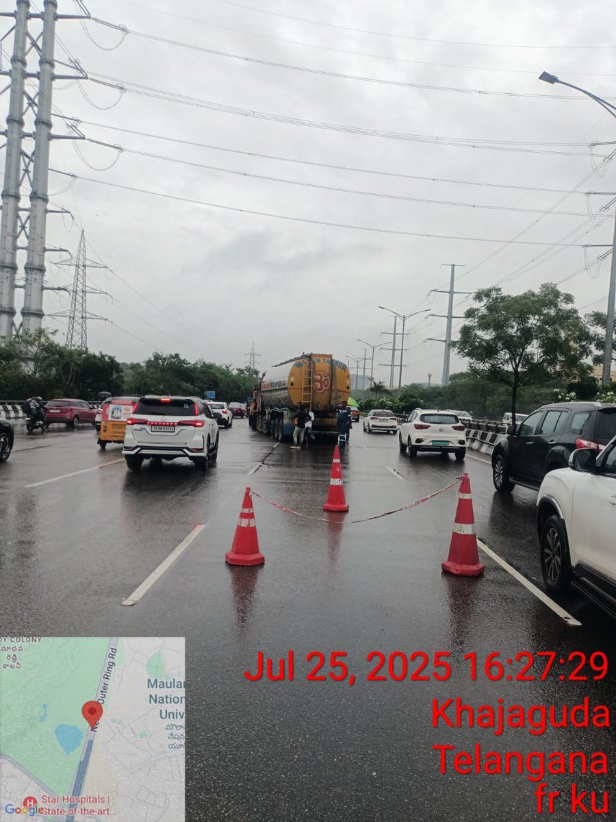 CYBTRAFFIC's tweet photo. Traffic Update 25.07.2025, 16:49 Hrs
Traffic movement is slow at L&amp;T towers towards Gachibowli Junction. Due to Vehicle Accident.
Gachibowli Traffic Police  are working to clear Traffic. Please cooperate with Traffic Police.
We request all commuters to cooperate . https://t.co/3MpVLda3t9