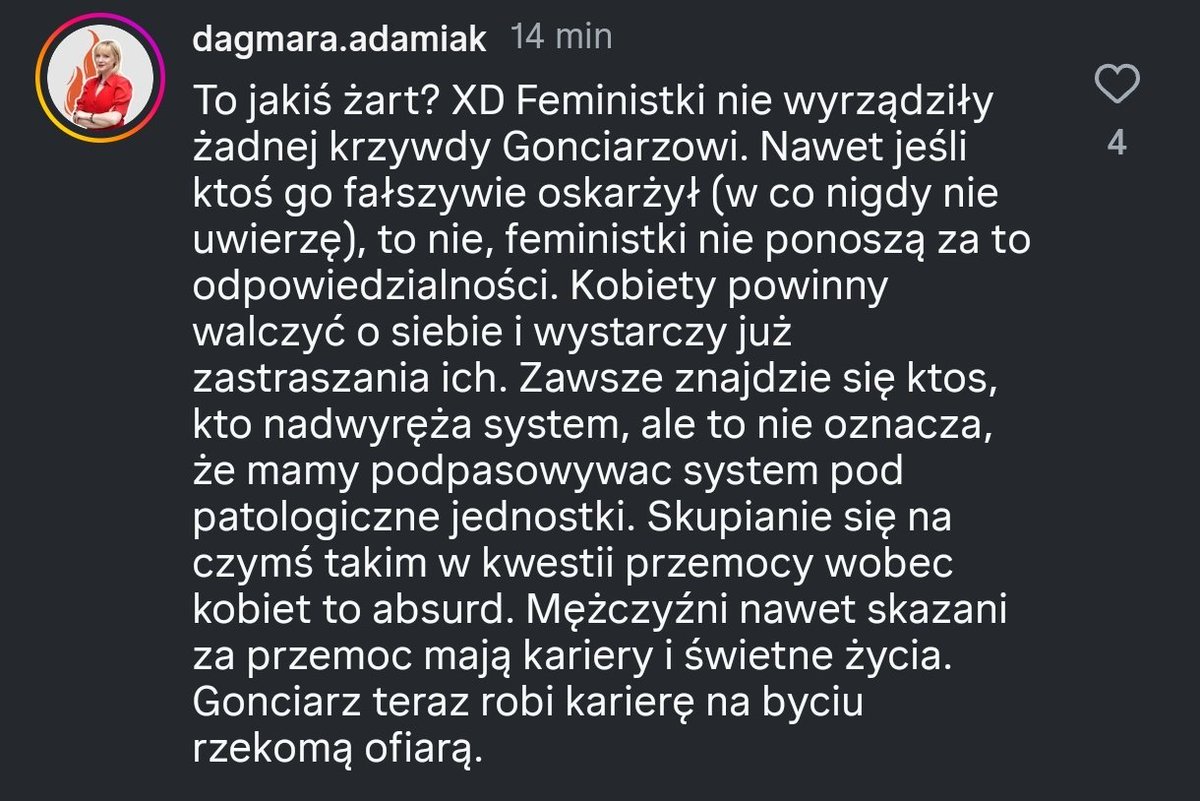 Rienka Kasperowicz #Zandberg2025 (@kasp3rowicz) on Twitter photo Tekst z wysokich obcasów o <a href="/kgonciarz/">Krzysztof Gonciarz</a> uderzył tam, gdzie miał uderzyć, a wszystkie popfeministki i inne podobne, na czele z Dagmara Adamiak, oburzone.
Dobrze, że krytyka krzywych zachowań, ubranych w feministyczne szaty, w końcu przechodzi do mainstreamu. I to nie mainstreamu Tekst z wysokich obcasów o <a href="/kgonciarz/">Krzysztof Gonciarz</a> uderzył tam, gdzie miał uderzyć, a wszystkie popfeministki i inne podobne, na czele z Dagmara Adamiak, oburzone.
Dobrze, że krytyka krzywych zachowań, ubranych w feministyczne szaty, w końcu przechodzi do mainstreamu. I to nie mainstreamu