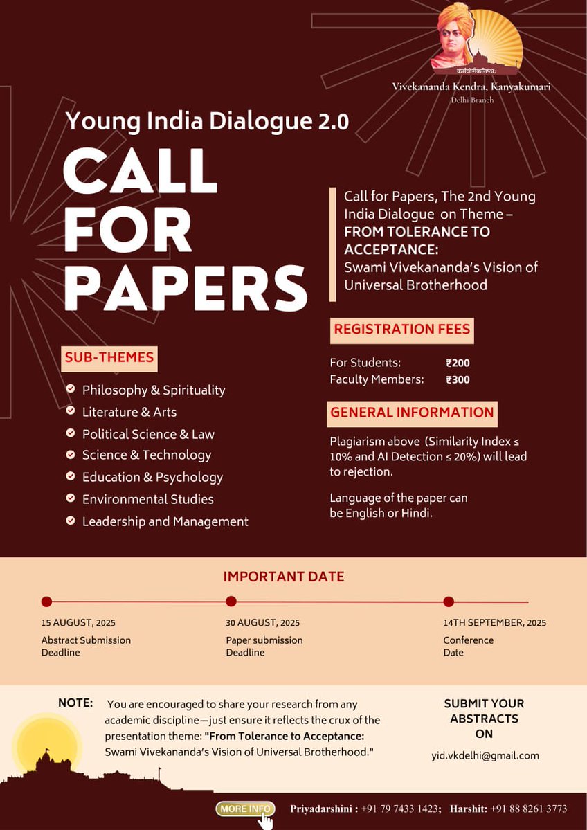 Nikhil Yadav (@nikhilyogi_) on Twitter photo Call for Papers - Swami Vivekananda's Vision of Universal Brotherhood <a href="/vkendra/">Vivekananda Kendra 🇮🇳</a>
#Vivekananda #swamivivekananda #Conference Call for Papers - Swami Vivekananda's Vision of Universal Brotherhood <a href="/vkendra/">Vivekananda Kendra 🇮🇳</a>
#Vivekananda #swamivivekananda #Conference