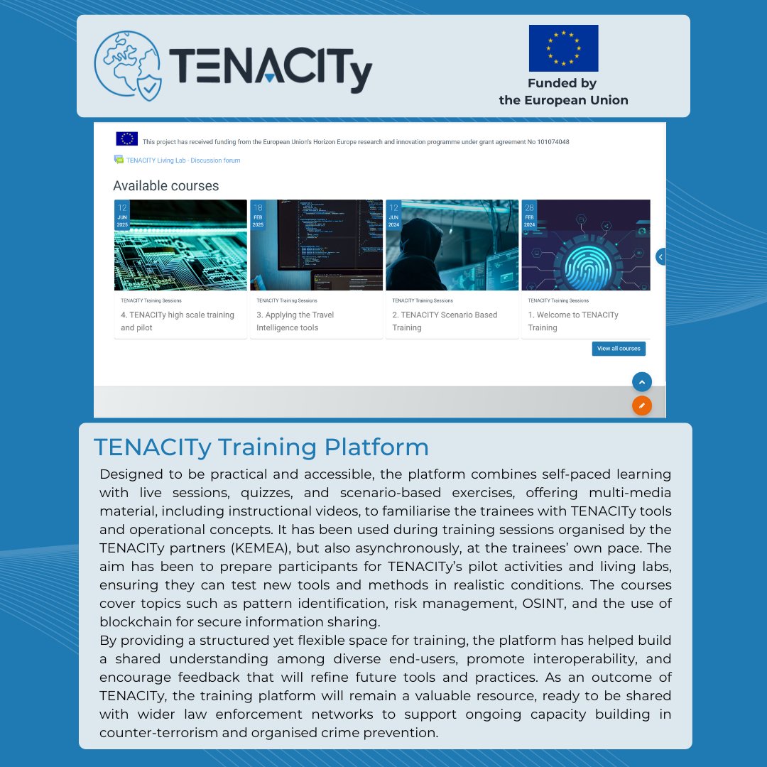 TENACITy Project (@tenacityproject) on Twitter photo 🔎 The TENACITy #training #platform developed by <a href="/Ianus_Tech/">IANUS Technologies</a> ,is a dedicated online learning environment developed to support the project’s mission of strengthening travel intelligence capabilities across Europe.
Read the full description in the visual bellow 👇 🔎 The TENACITy #training #platform developed by <a href="/Ianus_Tech/">IANUS Technologies</a> ,is a dedicated online learning environment developed to support the project’s mission of strengthening travel intelligence capabilities across Europe.
Read the full description in the visual bellow 👇