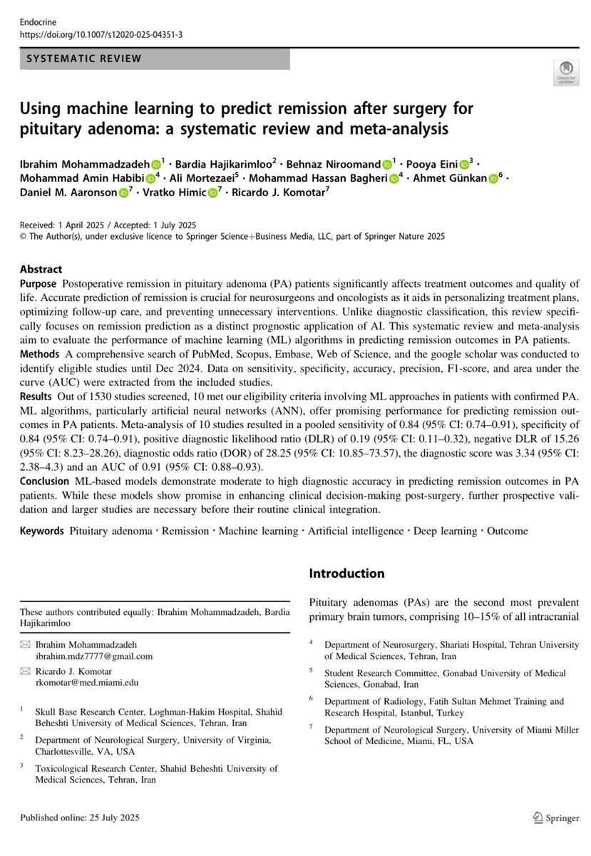Our new study is out in Endocrine 
We reviewed how machine learning models can predict post-op remission in pituitary adenoma.
Huge thanks to <a href="/Ricardokomotar/">Dr. Ricardo J Komotar</a> ,<a href="/DoctorAaronson/">Daniel Aaronson, MD</a> ,<a href="/doctorgunkan/">Ahmet Günkan, MD</a> ,<a href="/Bardii47/">Bardia Hajikarimloo, M.D</a> , <a href="/AliMortezaei97/">Ali Mortezaei</a> and <a href="/VratkoH/">Vratko Himič</a> 
📎 doi.org/10.1007/s12020…