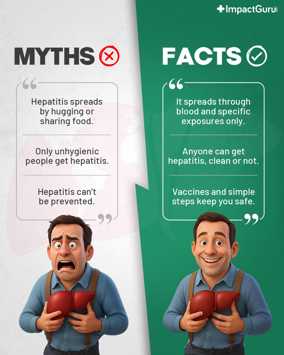 Let’s talk!! Not everything you’ve heard about hepatitis is true. Time for the truth.

#WorldHepatitisDay #Myths #Facts #Awareness #ImpactGuru