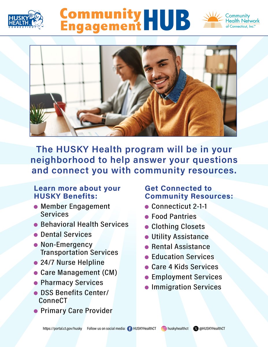 The HUSKY Health program will have a resource table today in Bristol, Hamden and West Hartford. We can help answer your questions and connect you with community resources. For more details, please visit: l8r.it/rfb8