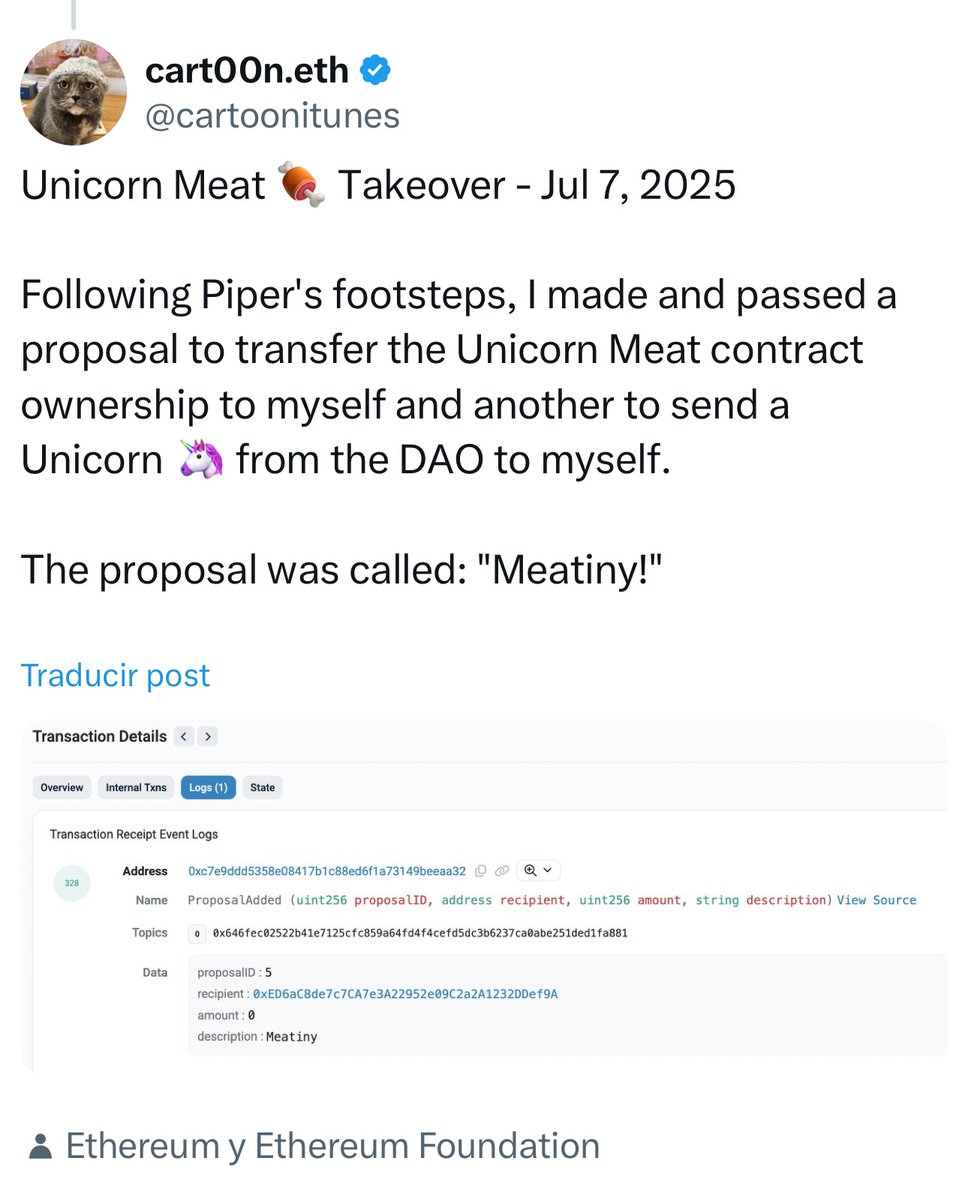 UnicornMeatETH's tweet image. This is part of Unicorn Meat token lore (🦄,🍖) and probably one of the most epic ways of reviving a memecoin:

A democratic “token contract ownership” take-over, from a forgotten DAO which Ethereum created for fun (and some testing) few months after mainnet launch.…
