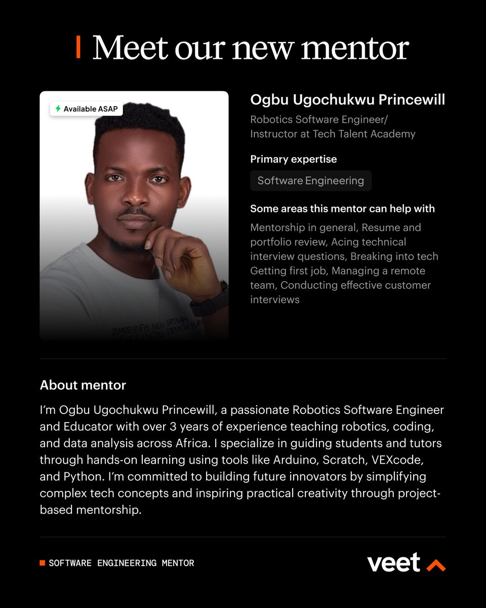 joinveet's tweet image. Meet our new mentor on Veet!
Ogbu Ugochukwu | Software Engineer
With 3+ years experience, Ugochukwu teaches robotics, coding & data analysis across Africa using Arduino, Scratch, VEXcode & Python.
🤖 Book a session: joinveet.com/mentor/ogbu-ug…
#EdTech #Mentorship #VeetMentors
