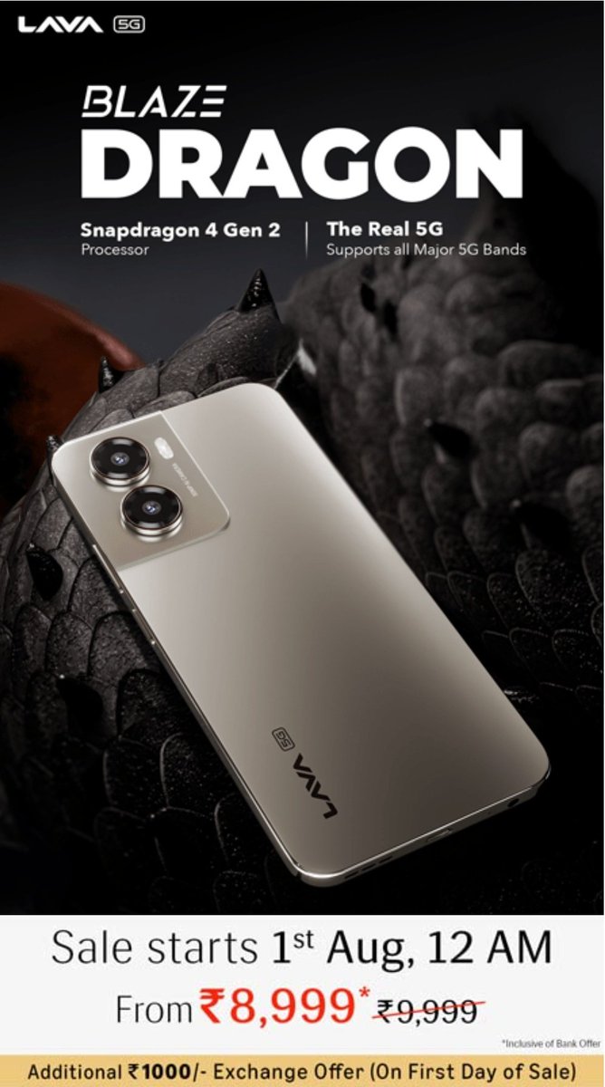 ProTechVillage1's tweet image. 🔥 Aa gaya Lava Blaze Dragon 5G – with SD 4 Gen 2 &amp;amp; ultra-fast UFS 3.1 storage!
🇮🇳 Independence Day par dhamakedaar deal – sirf ₹8,999 mein mil raha hai yeh powerful phone!
🛒 Jaldi pakdo on Amazon: amazon.in/b?ie=UTF8&amp;amp;node…
#BlazeDragon5G #RiseOfTheIndianDragon #MadeInIndia