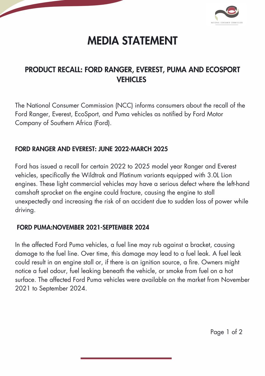 TheNCC_RSA's tweet image. Product Safety Recall: Various Ford Vehicles are recalled. Check if yours is on the list and act. Your safety comes first. @PhethoN @the_dtic