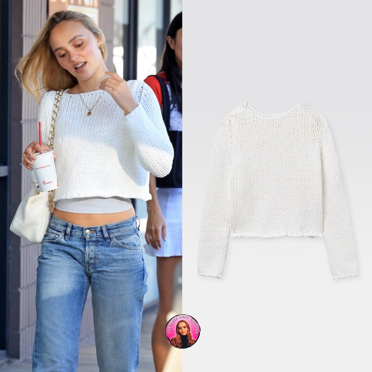 UpdatesLilyRose's tweet image. Lily-Rose wears EB Denim luca low rise baggy jeans, Gimaguas tiare white jumper, Chanel white and gold metal tote bag, and her mom Vanessa’s necklace