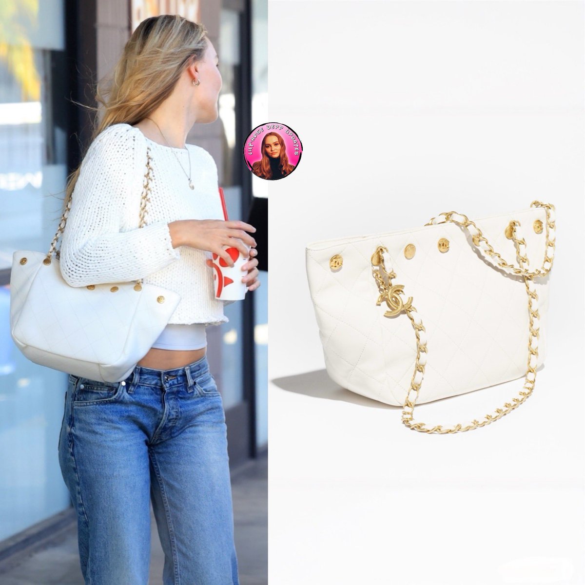 UpdatesLilyRose's tweet image. Lily-Rose wears EB Denim luca low rise baggy jeans, Gimaguas tiare white jumper, Chanel white and gold metal tote bag, and her mom Vanessa’s necklace