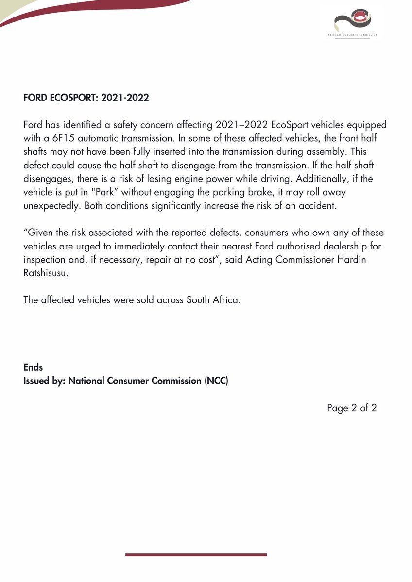 TheNCC_RSA's tweet image. Product Safety Recall: Various Ford Vehicles are recalled. Check if yours is on the list and act. Your safety comes first. @PhethoN @the_dtic