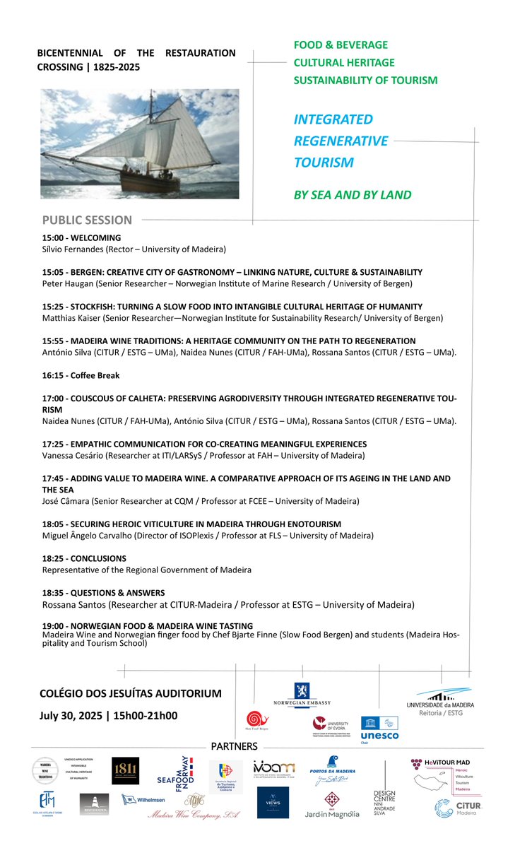Universidade Madeira (@u_madeira) on Twitter photo Public Session Integrated Regenerative Tourism - By Sea and By Land - Bicentennial of the Restauration Crossing 1825 - 2025, inserida nas comemorações do bicentenário da travessia da embarcação Restauration 📅 30 julho, 15:00 - 21:00
📍<a href="/U_Madeira/">Universidade Madeira</a> (Edifício da Reitoria) Public Session Integrated Regenerative Tourism - By Sea and By Land - Bicentennial of the Restauration Crossing 1825 - 2025, inserida nas comemorações do bicentenário da travessia da embarcação Restauration 📅 30 julho, 15:00 - 21:00
📍<a href="/U_Madeira/">Universidade Madeira</a> (Edifício da Reitoria)