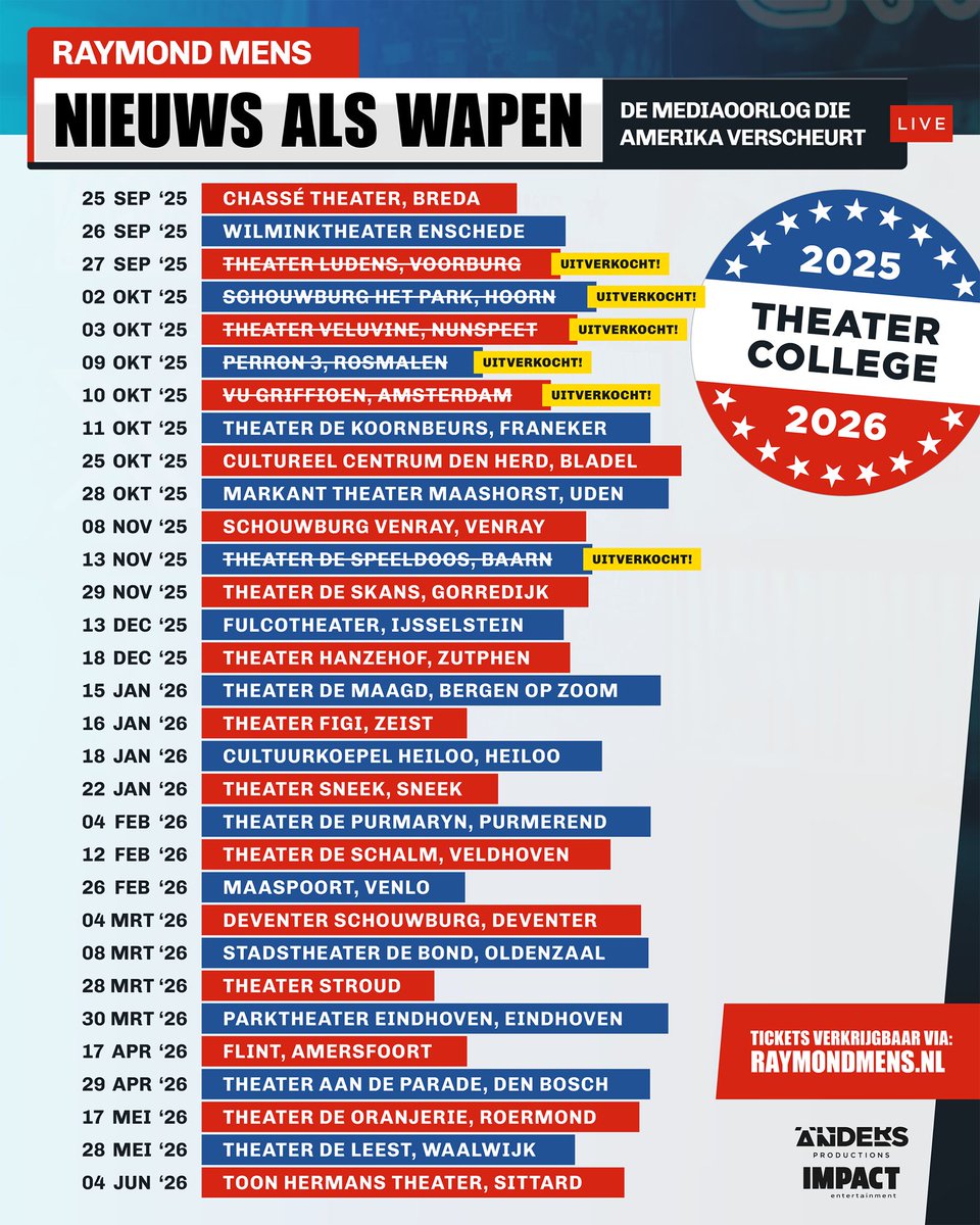 Bestaat de waarheid nog wel? Deze vraag beantwoorden we vanaf dit najaar in mijn theatercollege.

Aan de kaartverkoop te zien leeft dit thema enorm: met duizenden kaarten verkocht zijn diverse shows al uitverkocht.

Wil jij ook langskomen? Check dan snel👇 raymondmens.nl/theater