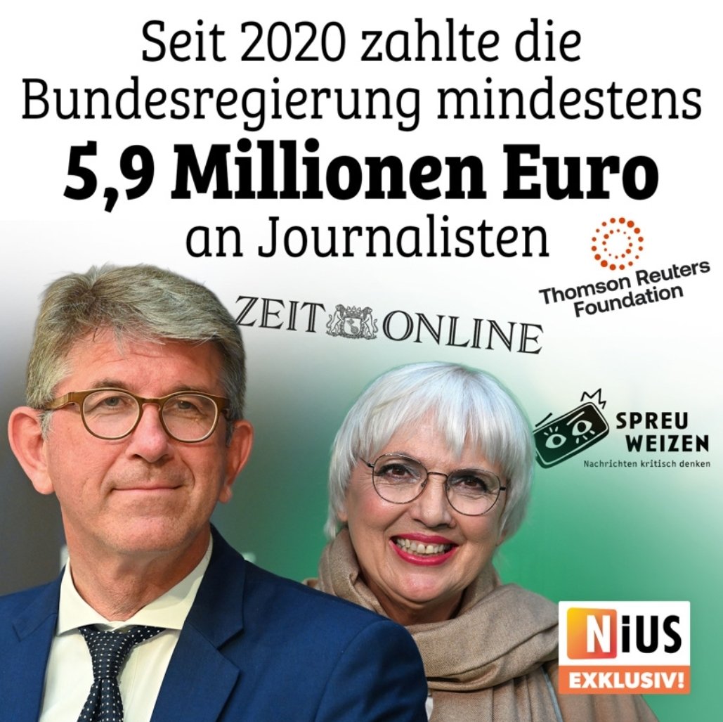 NIUS Exklusiv: Mindestens 5,9 Millionen Euro Steuergeld flossen seit 2020 an Journalisten. Auch ZEIT ONLINE und Reuters kassierten Geld vom Staat.
nius.de/articles/bunde…