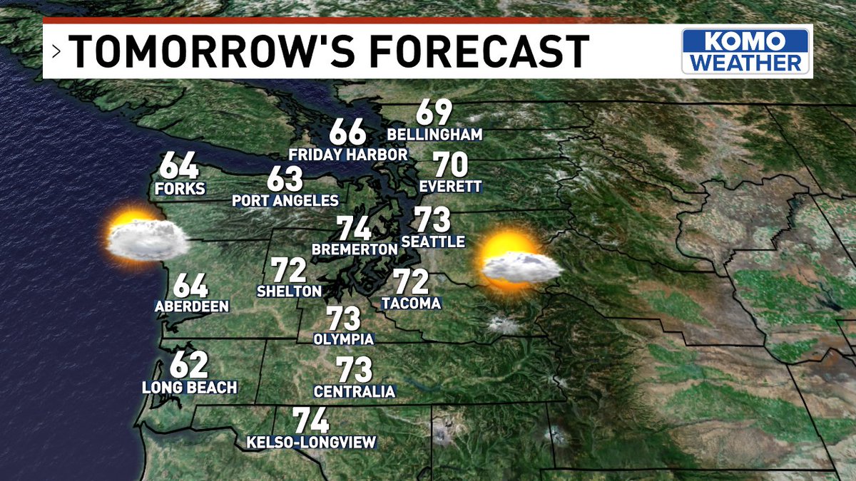 GWaldenWeather's tweet image. Friday is here!
We get a pushy marine push today. The low clouds were already settled in over Seattle by 3 am. They'll be stubborn today, too, more so than yesterday. Then, gradually, day by day, the morning clouds become less obtrusive and clear earlier 'til Monday. #WAWX