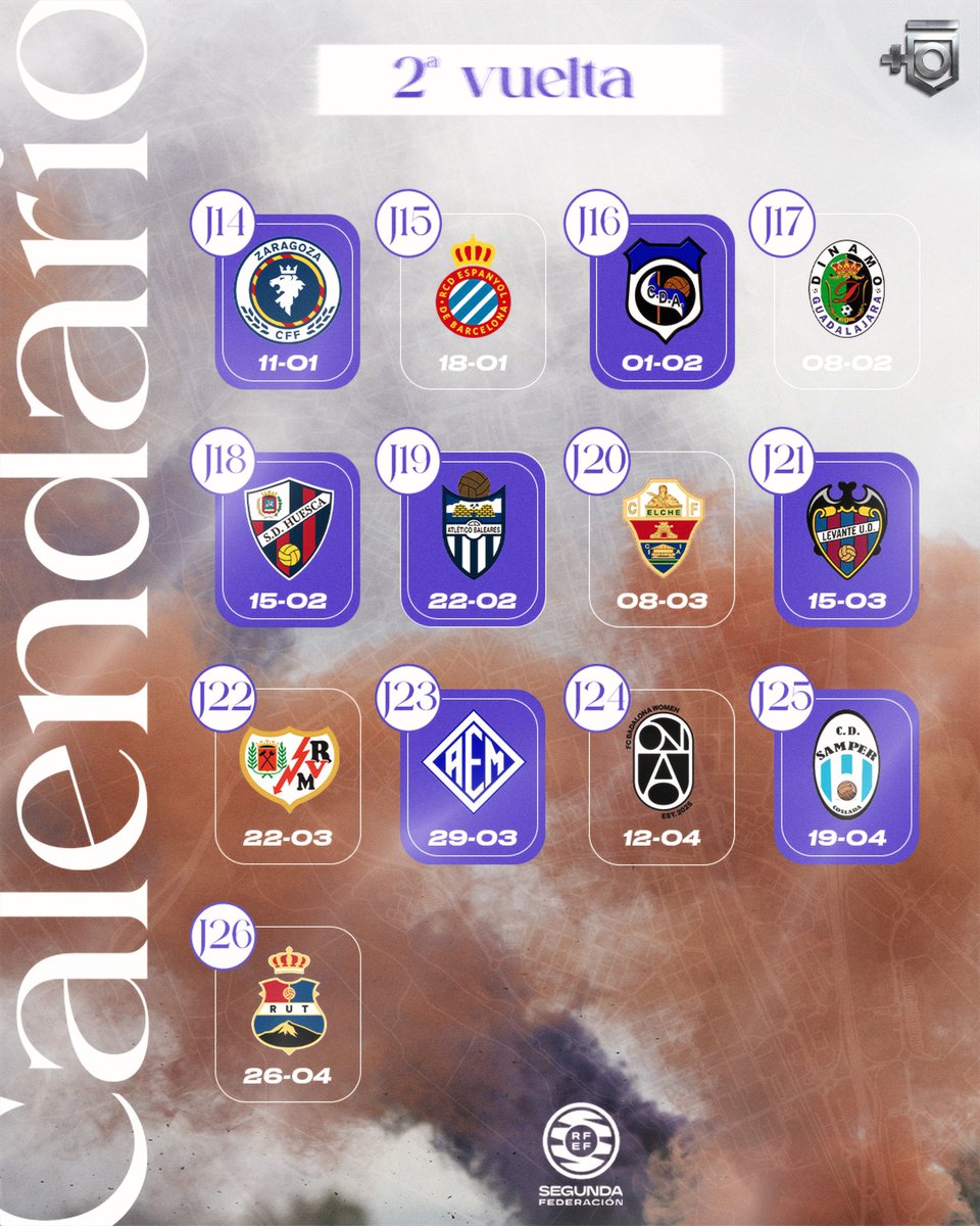 🅟🅐🅡🅐 🅖🅤🅐🅡🅓🅐🅡 📌

🟣: (Partidos en casa).
⚪️: (Partidos fuera).
#VamosFutbolellas