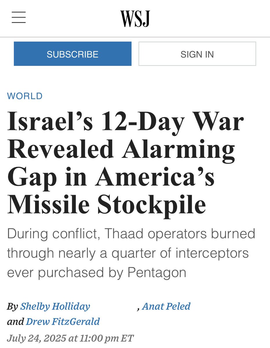 AryJeay's tweet image. 🇮🇷🇮🇱🇺🇸| US official admits Israel’s top-tier Arrow-3 interceptor missiles almost ran out
The official told WSJ that if Iran fired a few more large volleys of missiles, Israel could have exhausted its supply of top-tier Arrow-3 interceptor missiles.