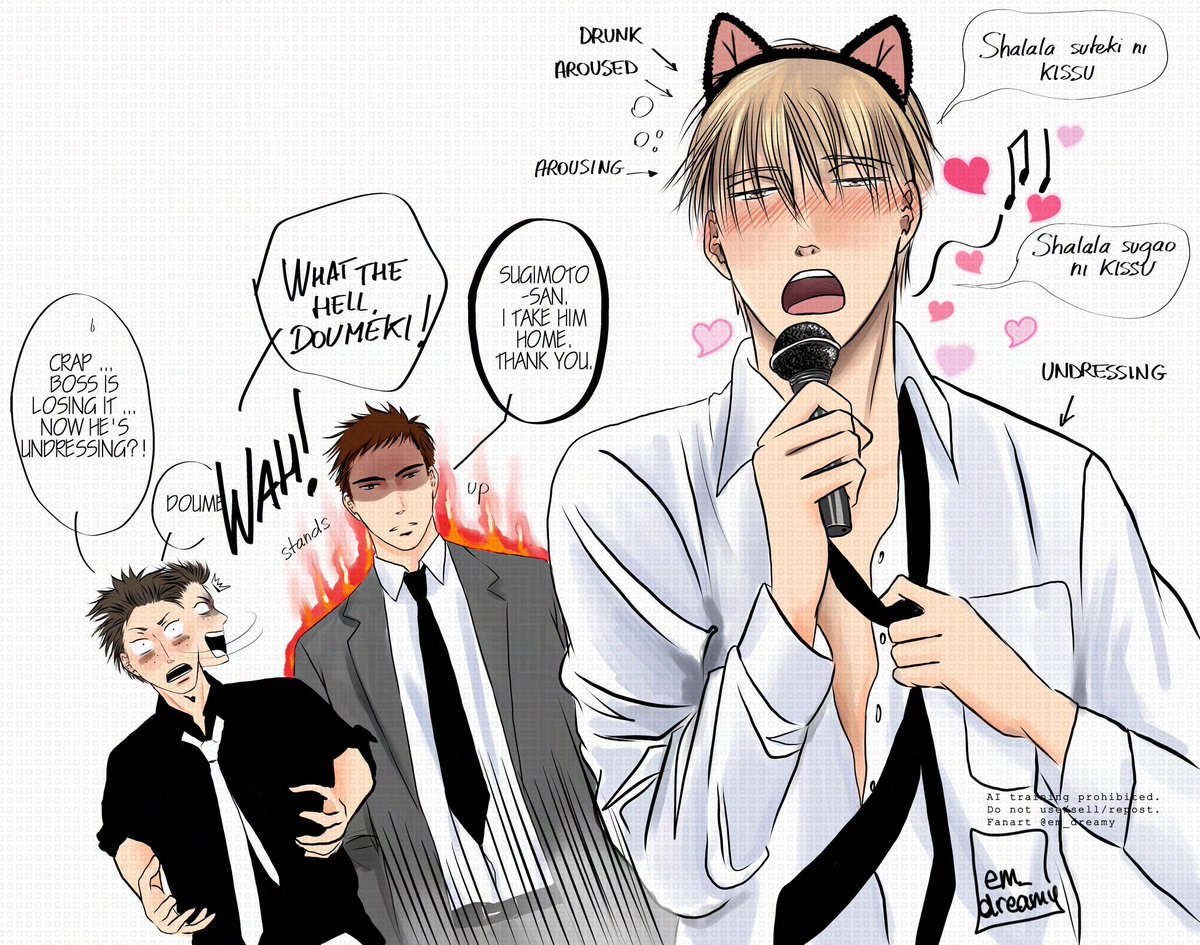 em_dreamy's tweet image. Drunk karaoke Yashiro, jealous Doumeki and flustered Sugimoto I drew back in 2018! He’s singing ‘Valentine Kiss’ just ’cause Shingaki Tarusuke sang it 😆 I know it’s from ‘Prince of Tennis’ anime, but it felt too funny not to use for this fanart! 🎤✨#囀るFA #saezuru