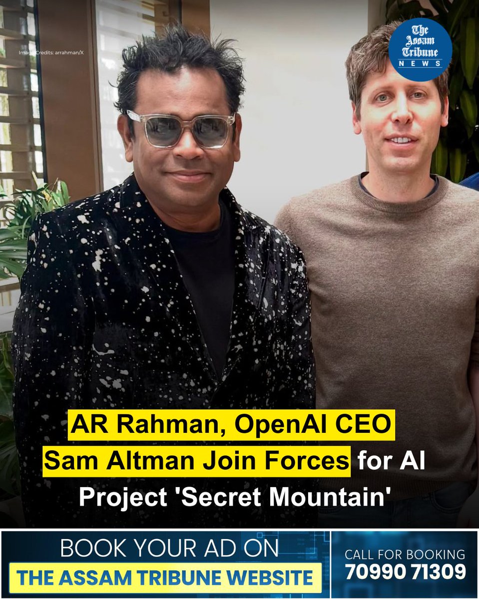 The Assam Tribune (@assamtribuneoff) on Twitter photo Oscar winner A R Rahman has now disclosed that he met the Chief Executive Officer of OpenAI Sam Altman to discuss their virtual global band called 'Secret Mountain'.
Read more: assamtribune.com/entertainment/…
#arrahman #ai #musicband #TheAssamTribune
<a href="/arrahman/">A.R.Rahman</a> <a href="/sama/">Sam Altman</a> <a href="/OpenAI/">OpenAI</a> Oscar winner A R Rahman has now disclosed that he met the Chief Executive Officer of OpenAI Sam Altman to discuss their virtual global band called 'Secret Mountain'.
Read more: assamtribune.com/entertainment/…
#arrahman #ai #musicband #TheAssamTribune
<a href="/arrahman/">A.R.Rahman</a> <a href="/sama/">Sam Altman</a> <a href="/OpenAI/">OpenAI</a>