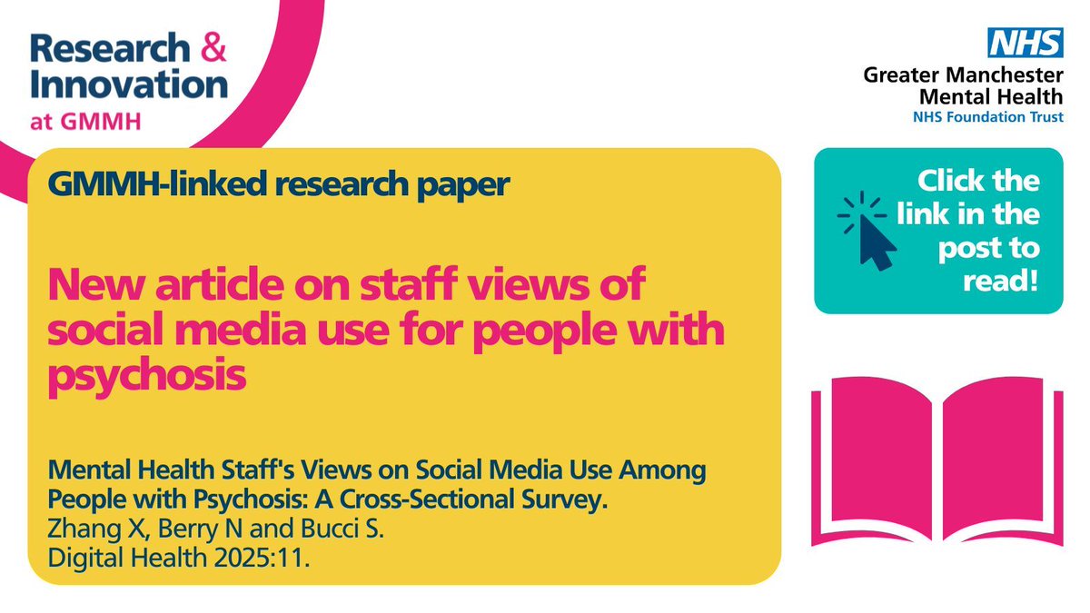 GMMHResearch's tweet image. 📣 New research paper alert! 📣Mental Health Staff's Views on Social Media Use Among People with #Psychosis: A Cross-Sectional Survey. Read the article here: buff.ly/63xYy9G
#MentalHealthResearch #DigitalHealth