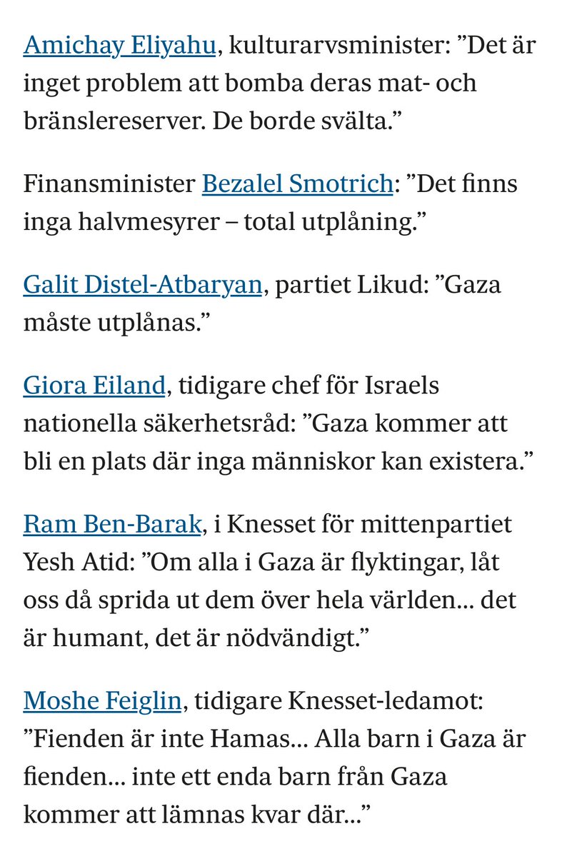hogerkollen's tweet image. ”Uttalanden från israeliska politiker, ministrar, militärer, journalister, offentliga opinionsbildare. Dag efter dag. Ännu idag.” 

svd.se/a/B0Q7rg/till-…

#svpol #Gaza #svpolitik