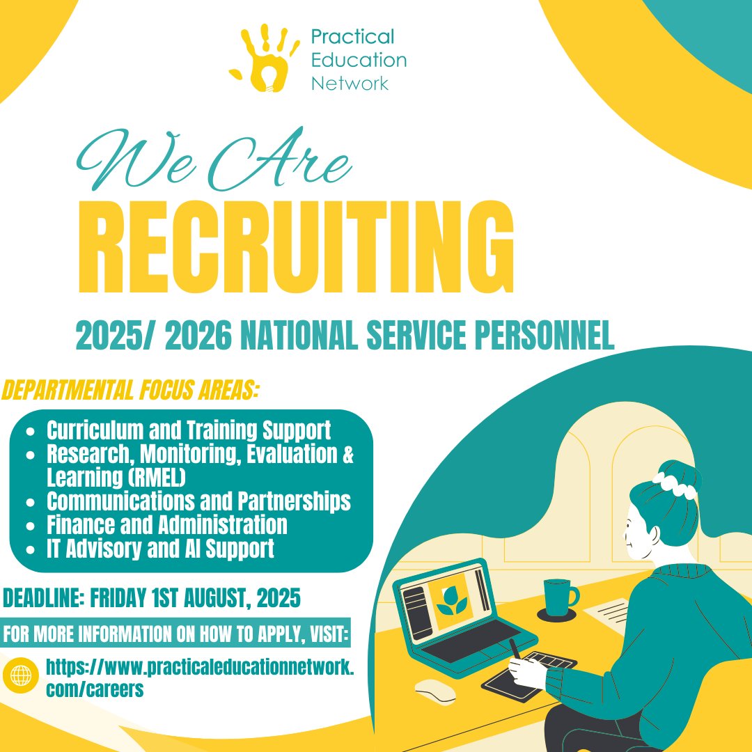 Passionate about STEM, education, and impact? Serve with PEN and gain hands-on experience in training, research, comms, finance, IT &amp; more!
Apply by: 1st August 2025
Apply here: practicaleducationnetwork.com/careers
#NationalServiceGhana #STEMEducation #YouthInAction #Hiring #Jobs #Vacancies
