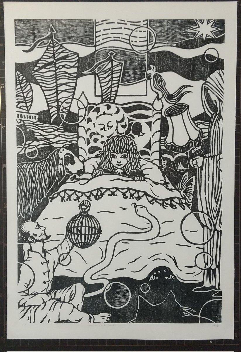 kusa_d_'s tweet photo. 『わたしの枕の向こうには』 #木版画 #woodcutprint https://t.co/xBh43rh8gj