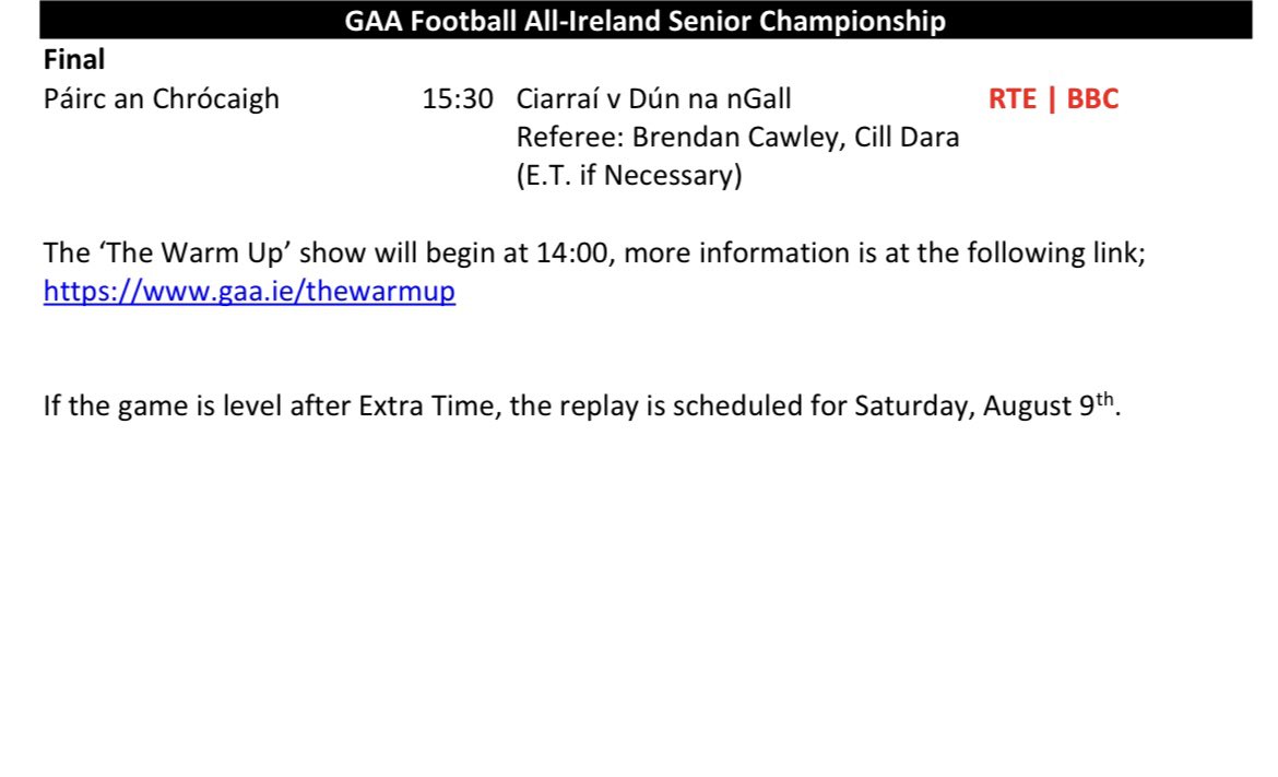 RNF36's tweet image. Tá na foirne oifigiúla curtha amach ag @officialgaa 👇🏼
🟢🟡@Kerry_Official V 🟢🟡@officialdonegal
📍3.30 pm @CrokePark
📻BEO @RTERnaG
Bígí linn @SportRnaG
The Official Teams have been released 👇🏼