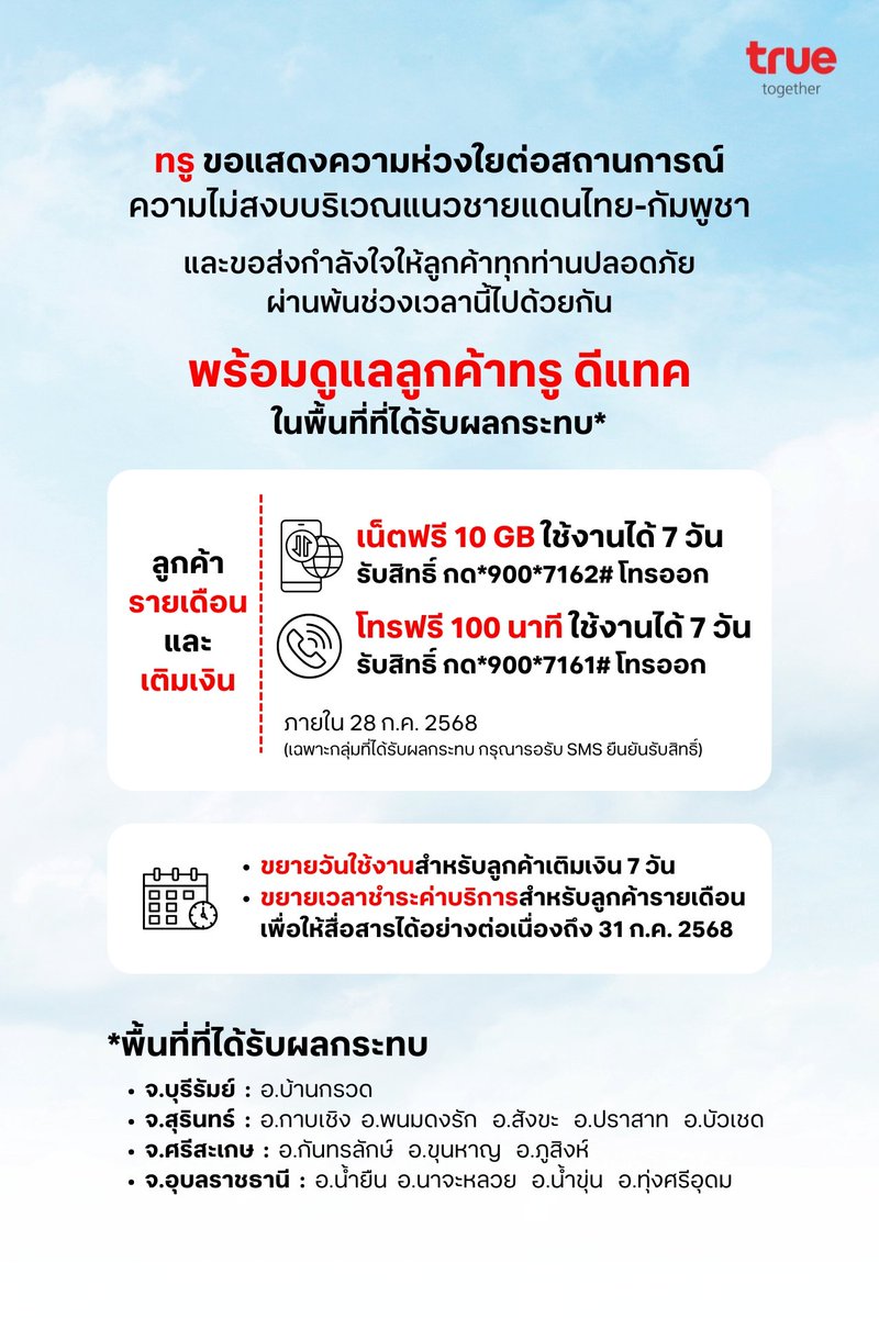 dtac's tweet image. ทรู คอร์ปอเรชั่น ห่วงใยลูกค้า ประชาชนพร้อมร่วมบรรเทาภัยชายแดนไทย-กัมพูชา มอบเน็ตฟรี โทรฟรี ขยายเวลาชำระค่าบริการและนำรถเสริมทัพสัญญาณศูนย์อพยพฯ
.
#TrueTogether #Truedtac5G
#ไทยกัมพูชา