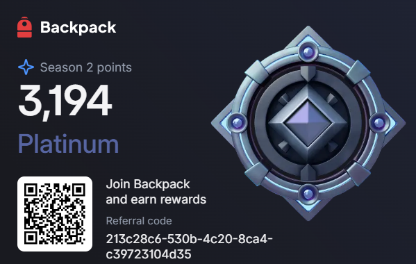0xpmush's tweet image. I think I crossed the line a bit this week. Better stay quiet for the rest of S2 😅 Gold still a good rank
@Backpack 🎒
backpack.exchange/join/213c28c6-…
