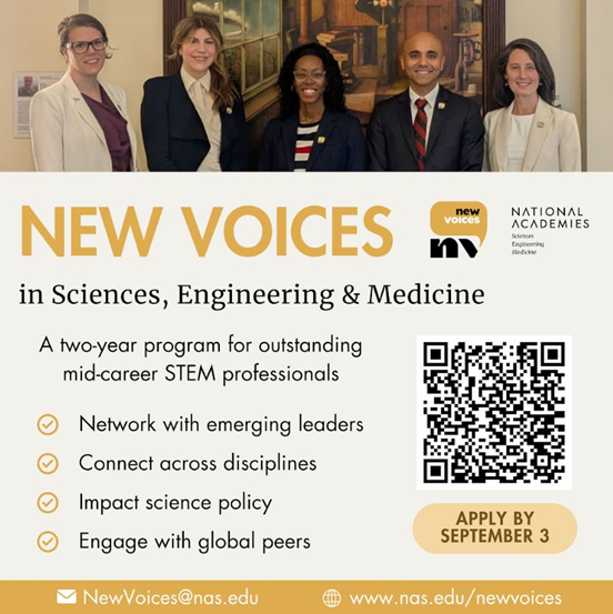 PNASNexus's tweet image. Applications are open for the 2026–2028 #NewVoices Cohort! Mid-career SEM leaders: join @theNASEM’s network driving change on national & global issues.
📅 Apply by Sept 3, 2025
🔗 Learn more: ow.ly/9bPB50WvmTH
#scipol #nasem @NewVoicesNASEM