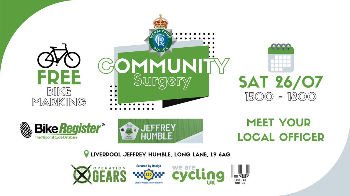 MerpolNthLpool's tweet image. Your local Fazakerley Community Support Officer, will be running a bike marking event at Jeffrey Humble this Saturday.
Run time: 3 pm - 6 pm.
Location: Long Lane, Aintree, L9 6AG
FREE bike marking!
Meet your local officer.
See you there!
#Op Gears #BikeRegister