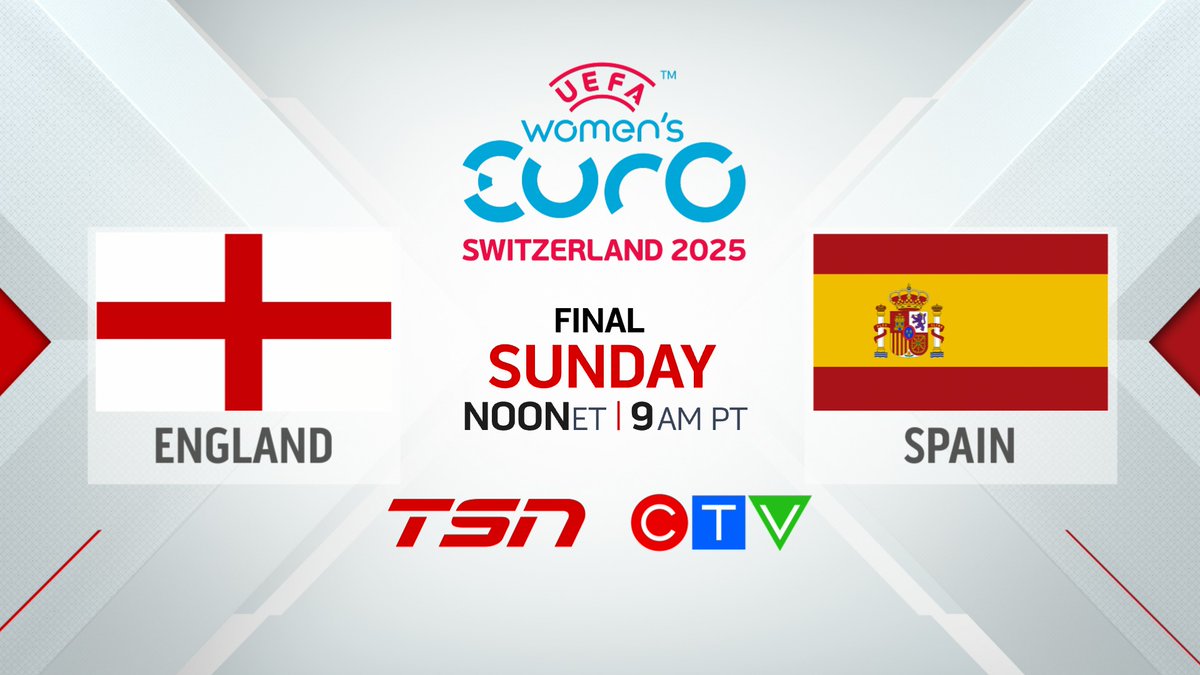 England and Spain clash for the European title in the <a href="/WEURO2025/">UEFA Women's EURO 2025</a> Final. 🏆⚽️

Coverage kicks off Sunday, July 27 at 12:00 p.m. ET on <a href="/TSN_Sports/">TSN</a> and <a href="/CTV/">CTV</a>.

For more info ➡️ tsn.ca/soccer