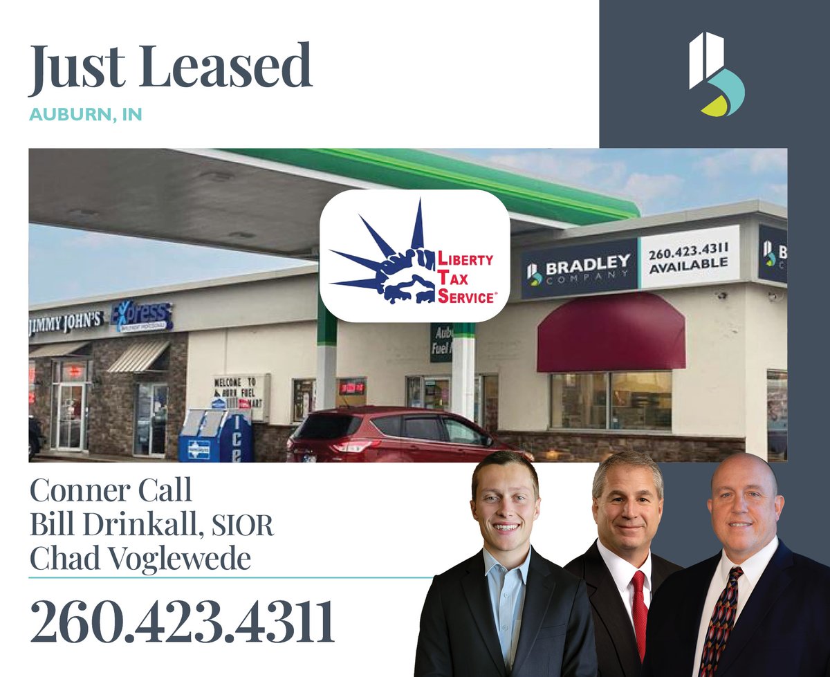 Liberty Tax Service has just leased a 795 SF space at 1101 W Seventh Street in Auburn, Indiana. Bradley Company represented both the landlord, Auburn Fuel Mart, and the tenant in this transaction.

bradleyco.com/offices/fort-w…
#JustLeased #Auburn
#CommercialRealEstate #CRE #RealEstate