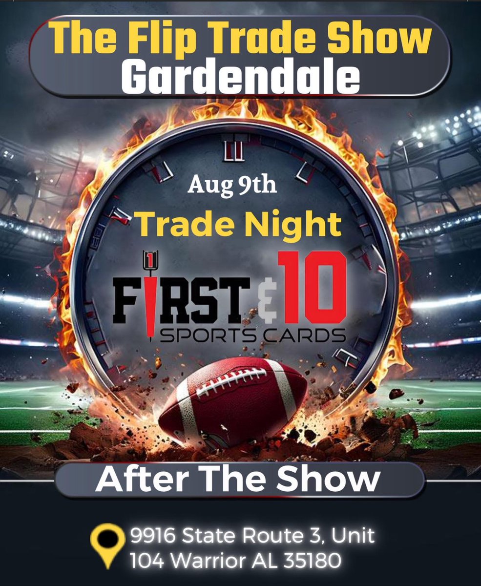 FlipTradeShow's tweet image. Trade night after the show will be at 1st & 10 sports cards!
If You or Know Someone that would like to become a vendor at our next show!
Please Email US
Email- TheFlipTradeShow@Gmail.com
Or
Check Out Our Website
thefliptradeshow.com
—
#cardshows #hobby #cardcollection